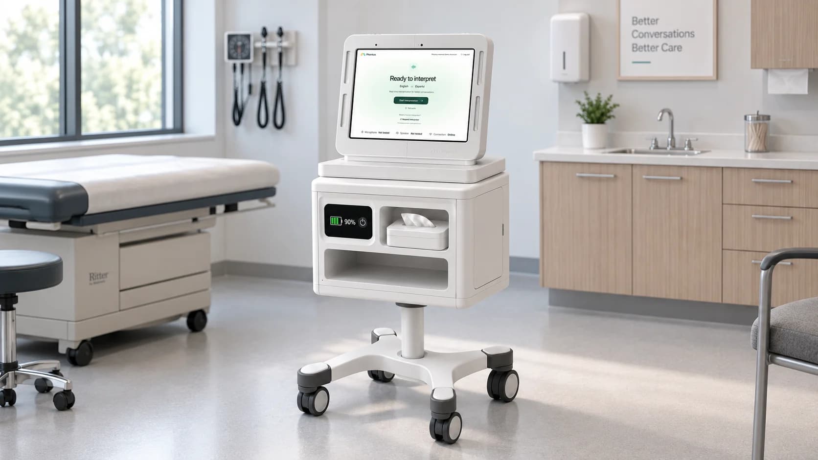 Phontus Clinical Kit with its screen, storage and wheeled base in an exam room.