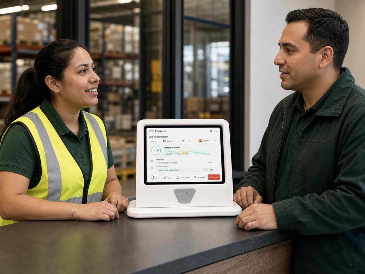 Two warehouse team members communicating across a counter with a Phontus Interpreting Kit.