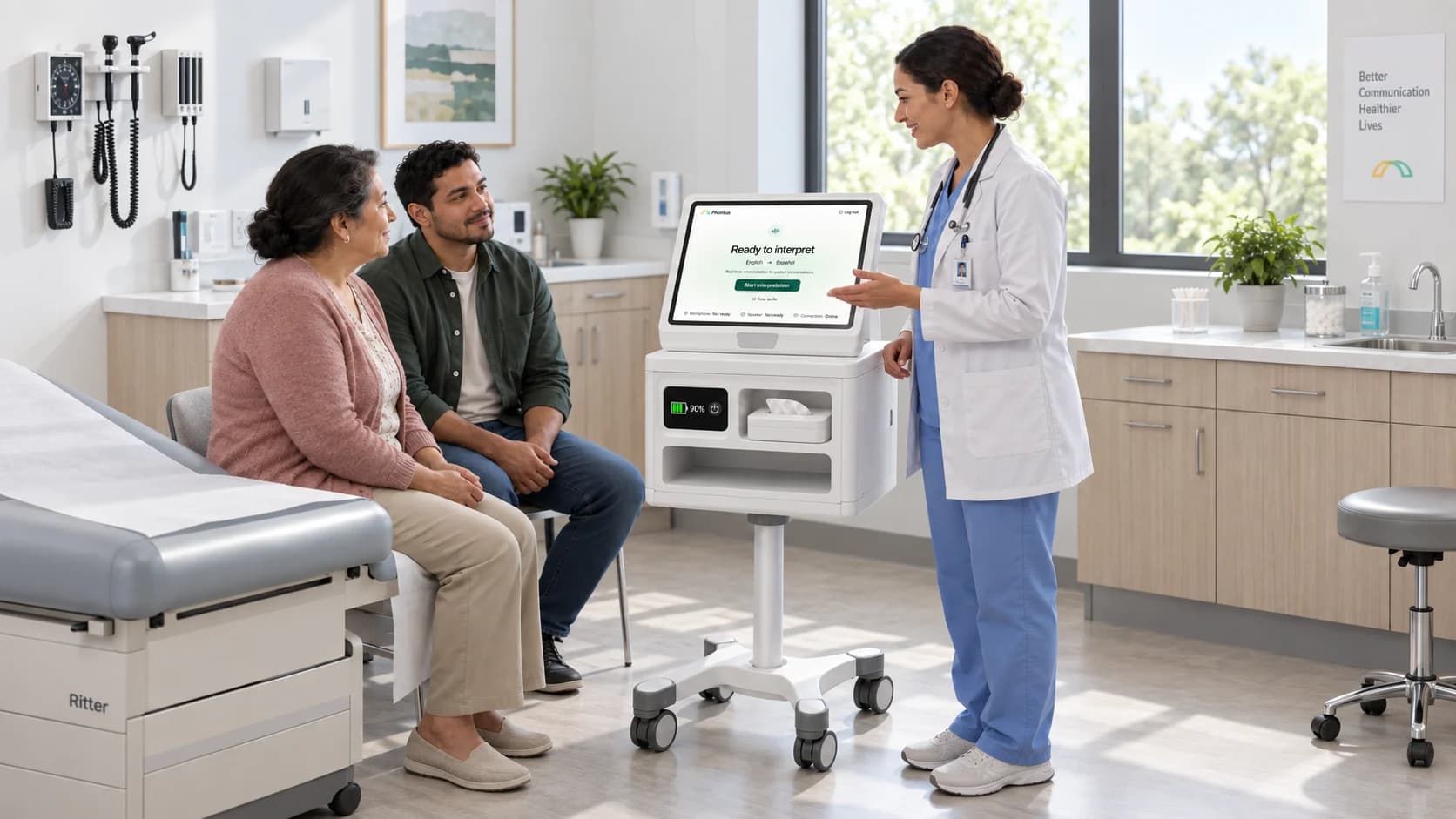A clinician speaking with two people beside the Phontus Clinical Kit in an exam room.