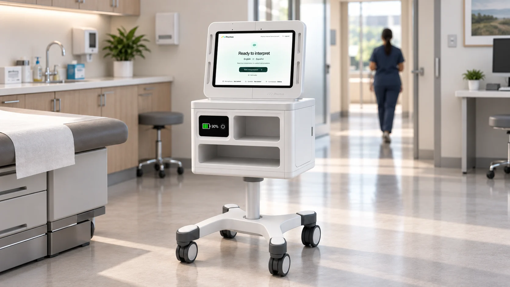 The complete Phontus Clinical Kit, including its wheeled base, beside an exam room doorway.