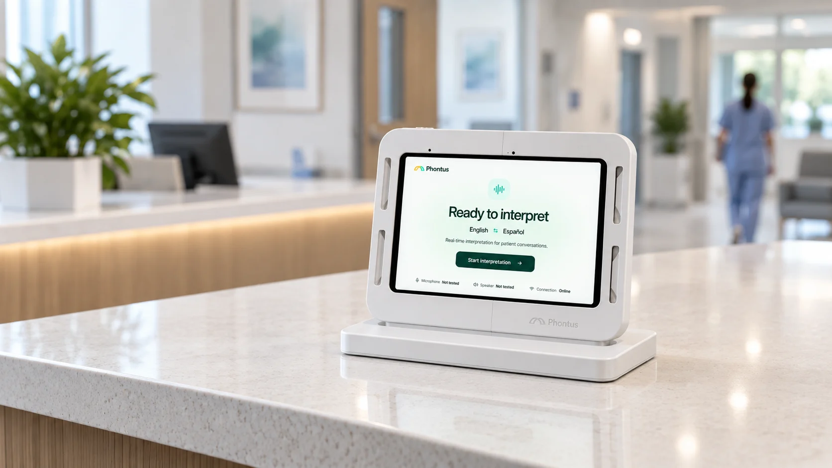Phontus Interpreting Kit ready for a conversation on a reception counter.